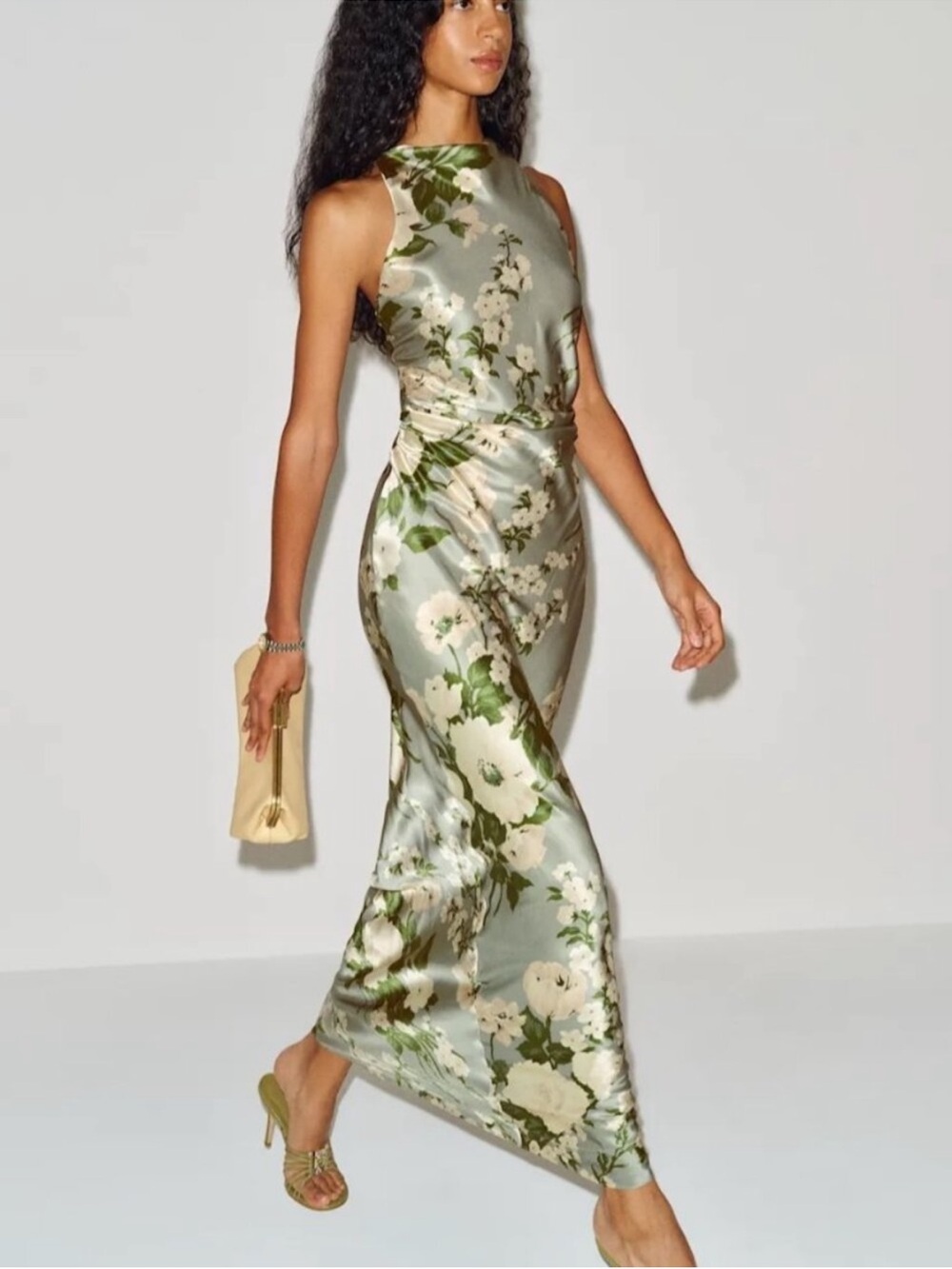 Reformation Anaiis Long Silk Backless Dress Tarragon Green Floral